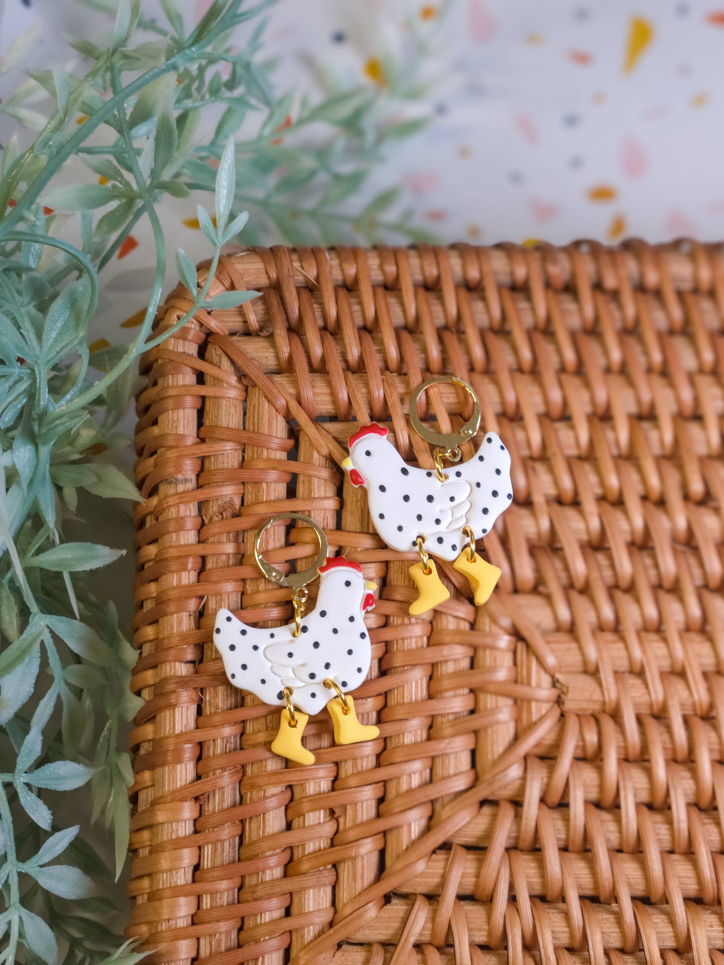 Speckled Chickens w/ Boots | Animals | Polymer Clay Earrings