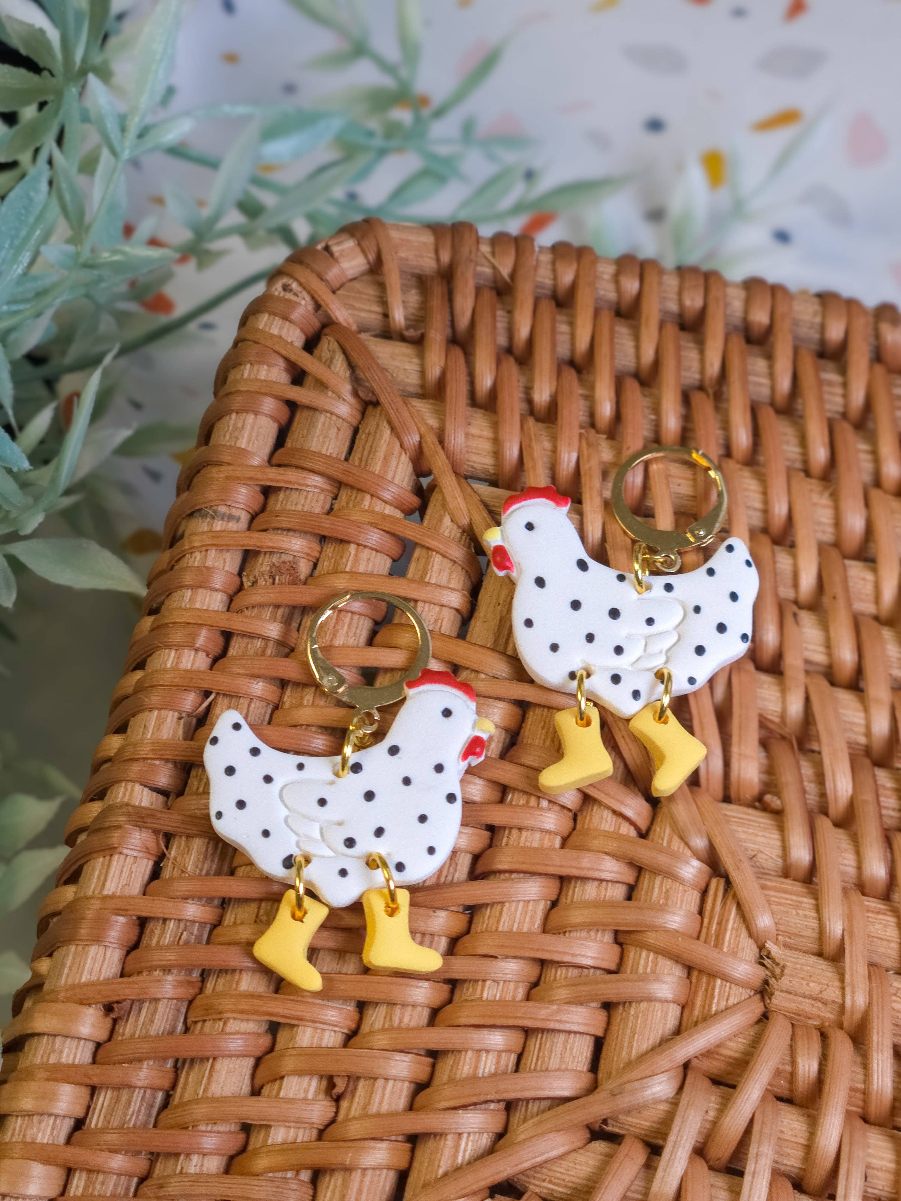 Speckled Chickens w/ Boots | Animals | Polymer Clay Earrings