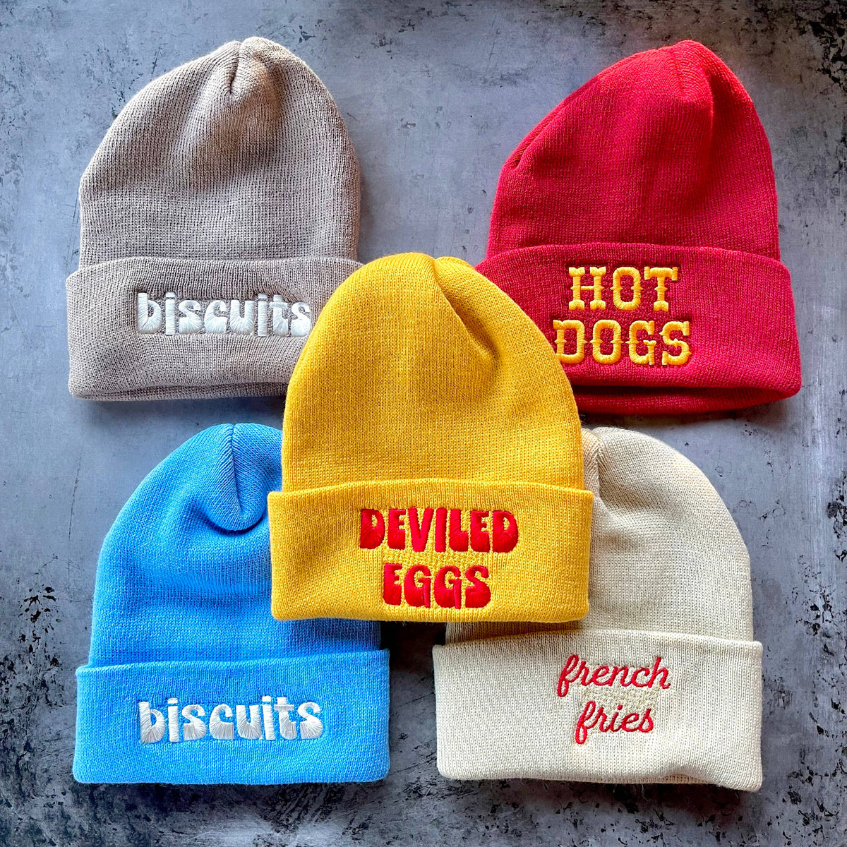 Pre order Deviled Eggs knit beanie Winter hat Made in America usa