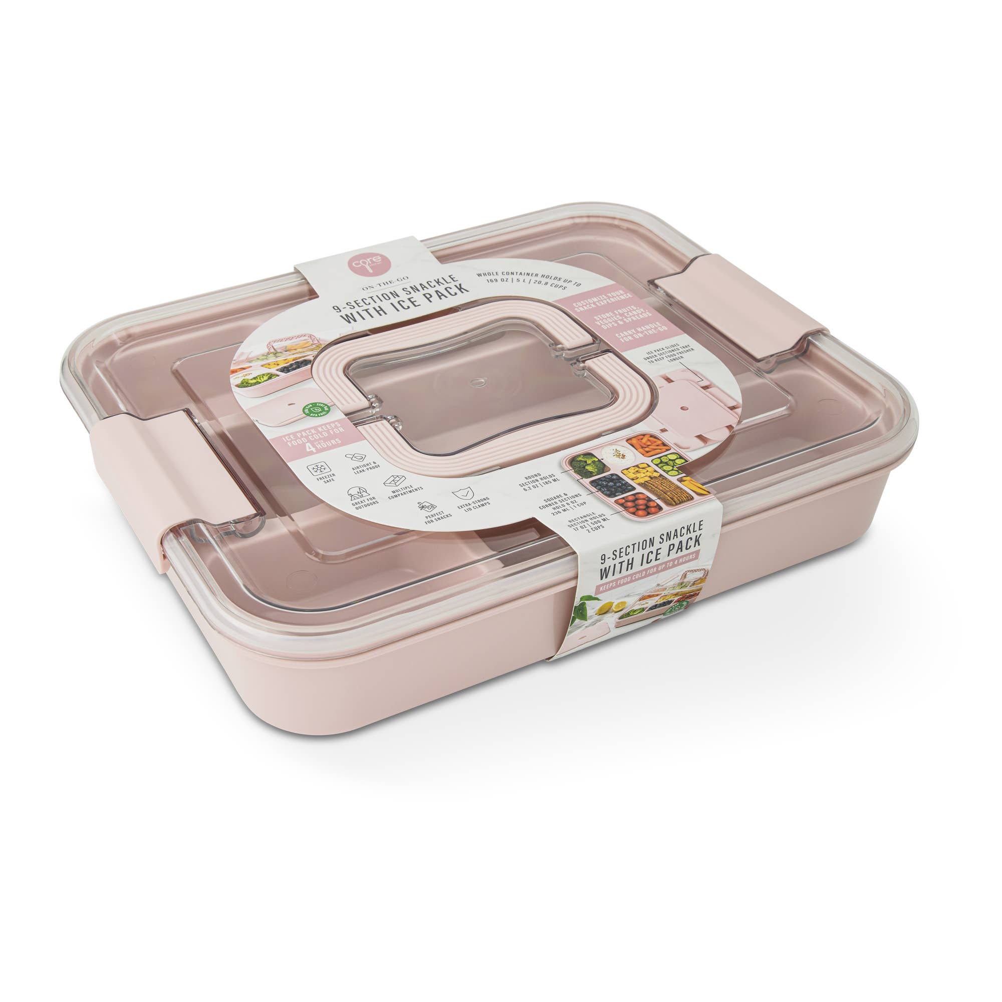 9 Section Snackle w/ Ice Pack & Handle Clip Lid - Pink Salt