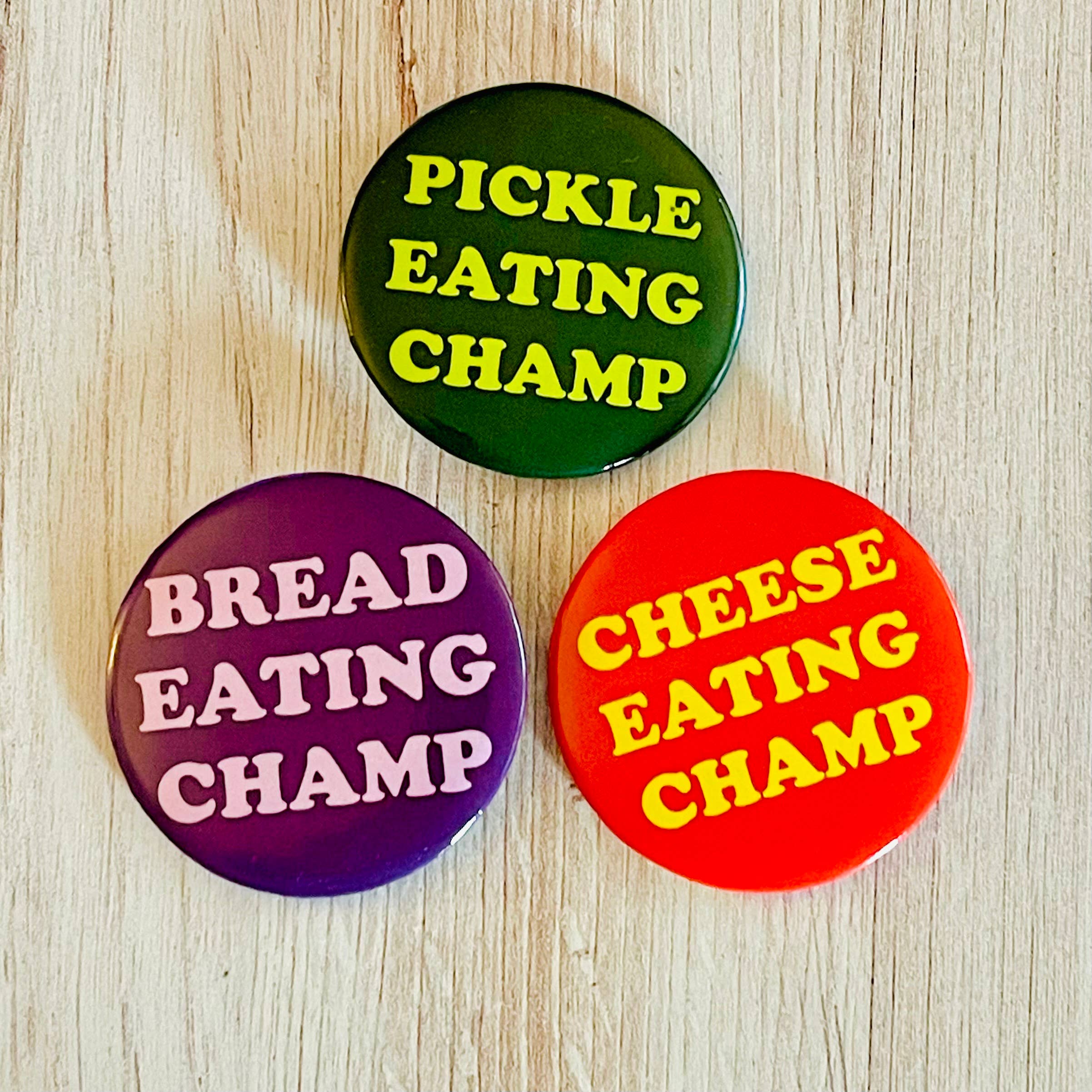 Pickle eating champ retro style Pinback button pin foodie