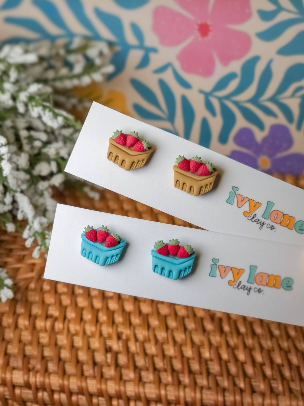 Berry Basket Stud Earrings | Fruit | Polymer Clay Earrings
